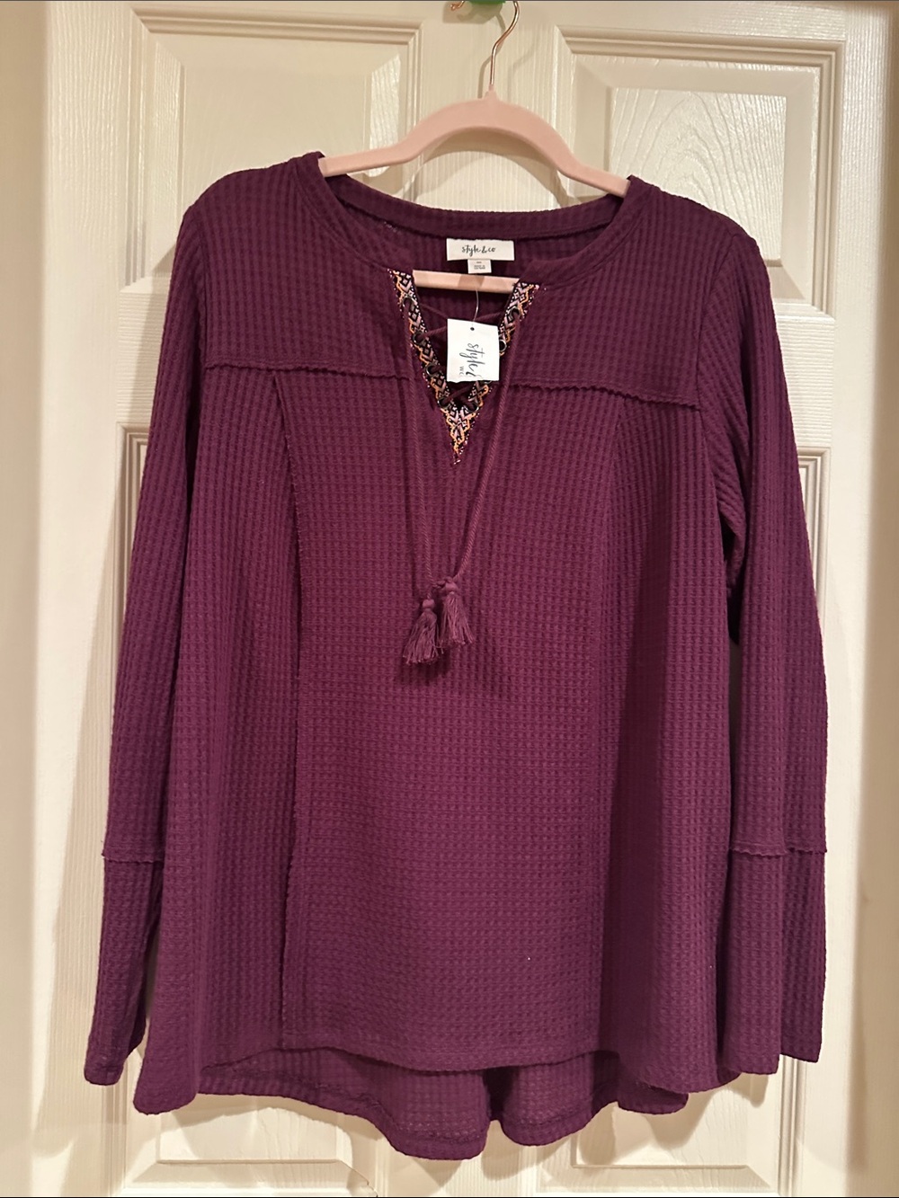 Style & Co. Plum Waffle-Knit Tassel Peasant Tunic